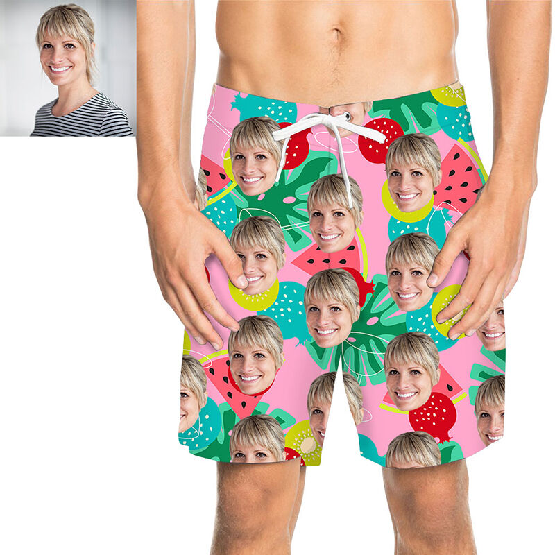 Custom Face Watermelon and Leaves Men's Beach Shorts