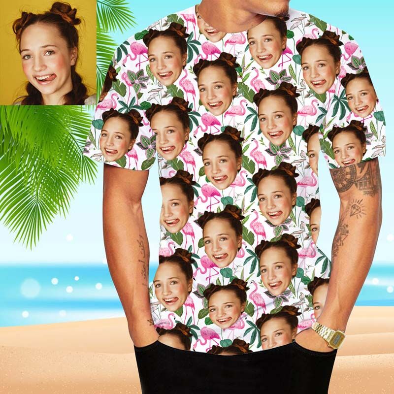 Personalized Hawaiian T-Shirt With Pink Flamingo And Green Leaves