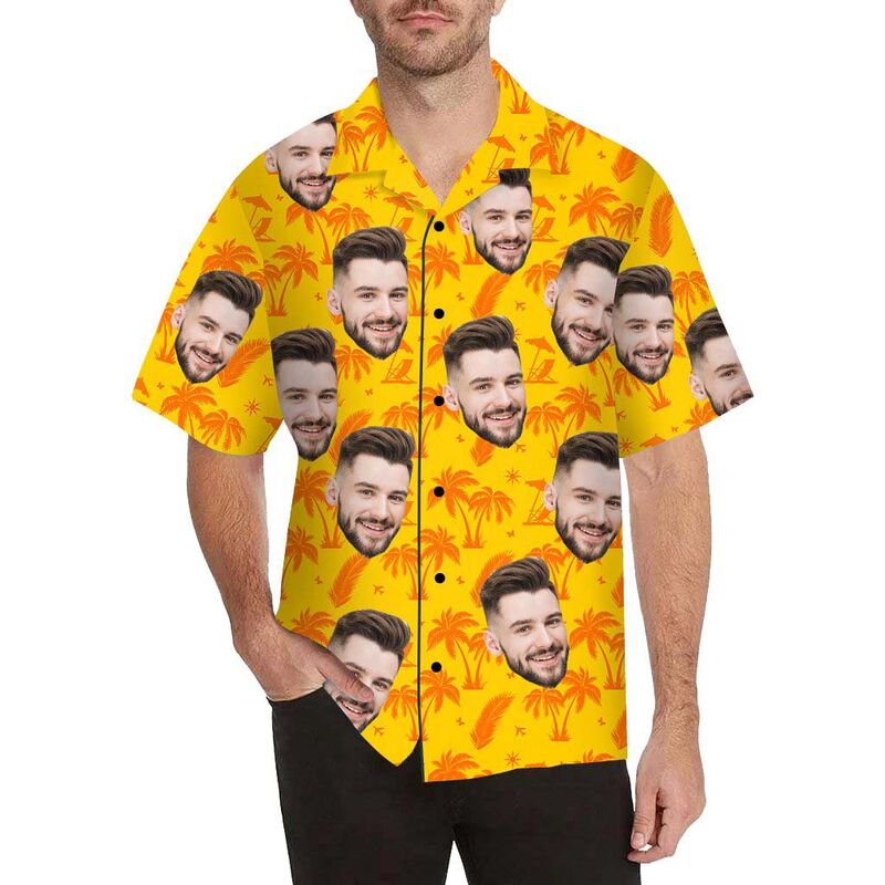 Custom Face Orange Coconut Tree Men's All Over Print Hawaiian Shirt