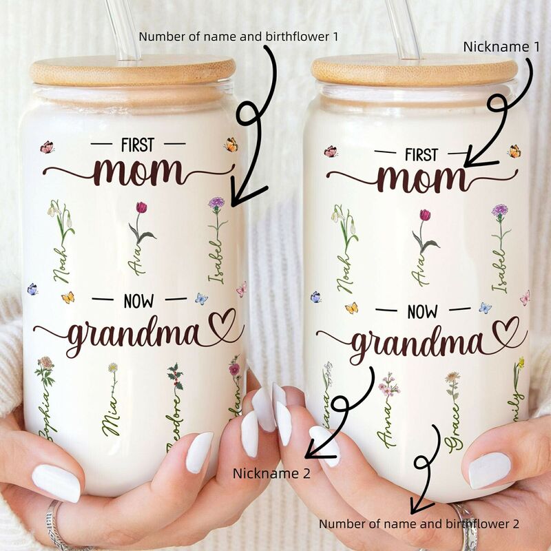 Gepersonaliseerde naam glazen mok met deksel en rietje en aangepaste geboorte bloem beste cadeau voor Moederdag