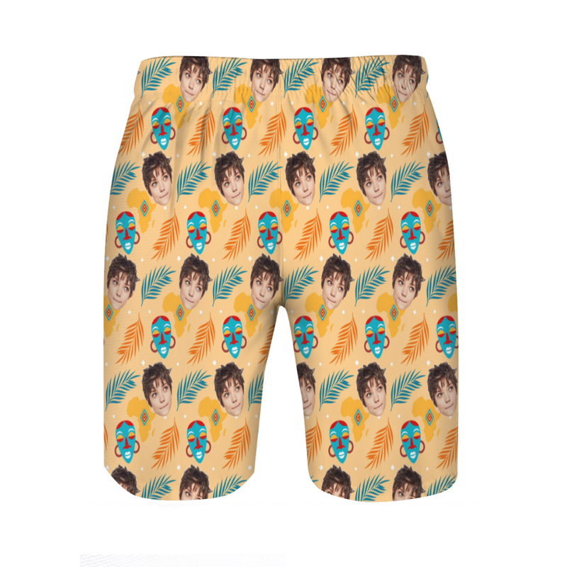 Personalized Picture Men's Beach Shorts with Strange Masks Pattern Cool Gift for Your Boyfriend