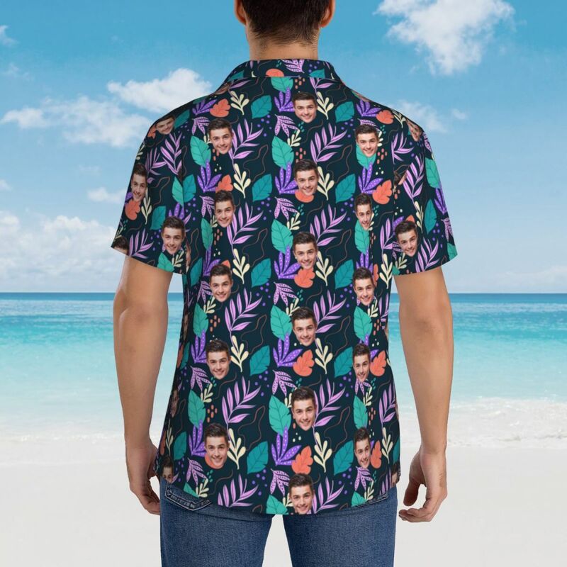 Camisa hawaiana personalizada con estampado de hojas de colores para hombre