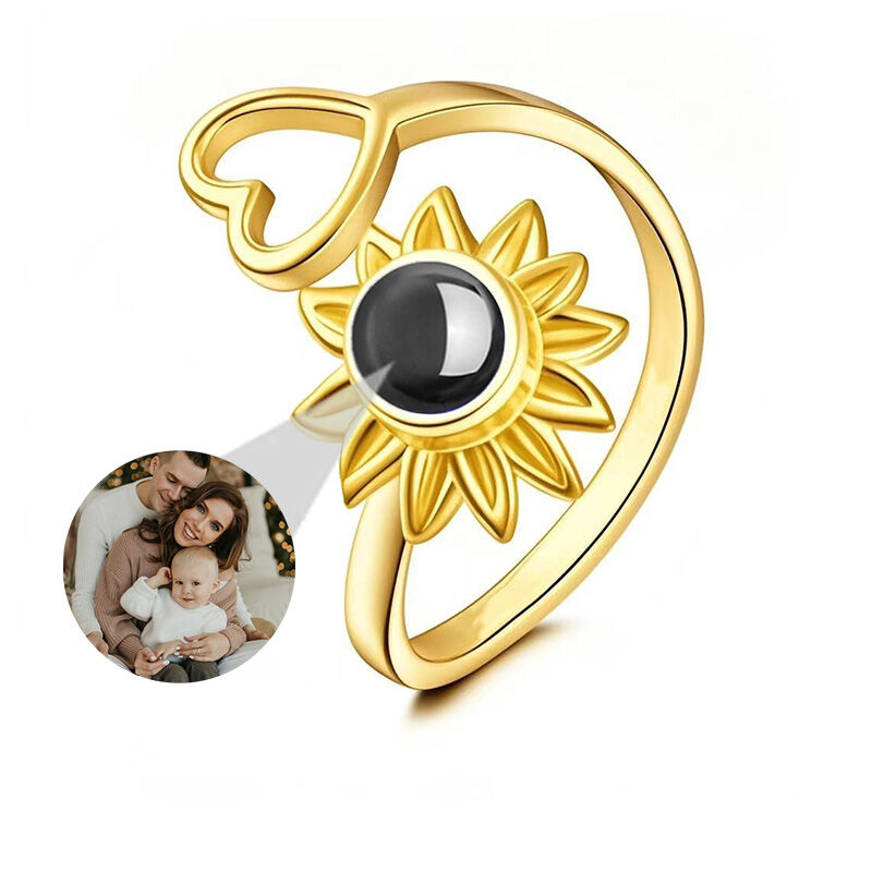 Personalized Sunflower Projection Picture Ring with Love Heart Simple Gift for Wife