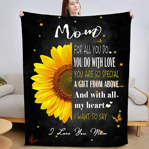 Personalized Flannel Letter Blanket Sunflower Butterfly Star Pattern Blanket Gift from Kids for Mom