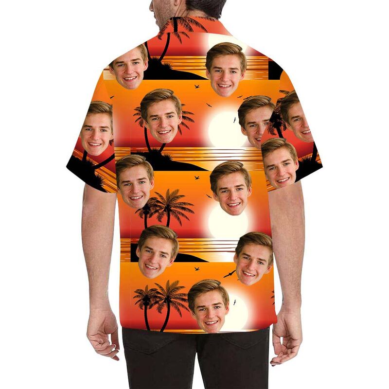 Chemise hawaïenne à impression intégrale pour hommes Visage personnalisé Coucher de soleil et cocotiers