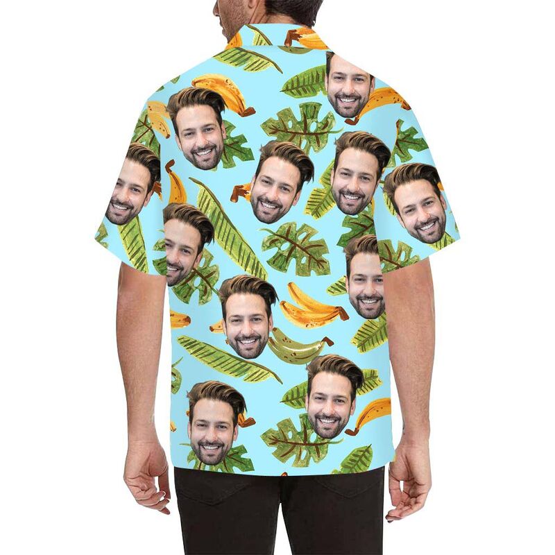 Chemise hawaïenne imprimée sur tout le corps pour hommes, avec visage personnalisé et feuilles de bananier
