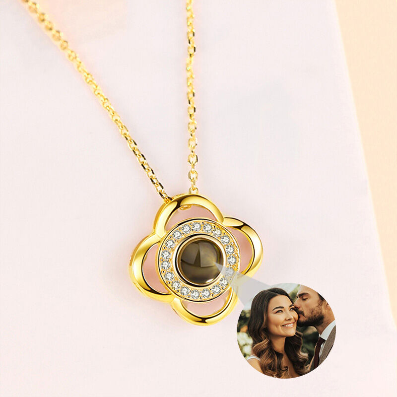 Personalized Flower Photo Projection Necklace with Diamonds for Couple