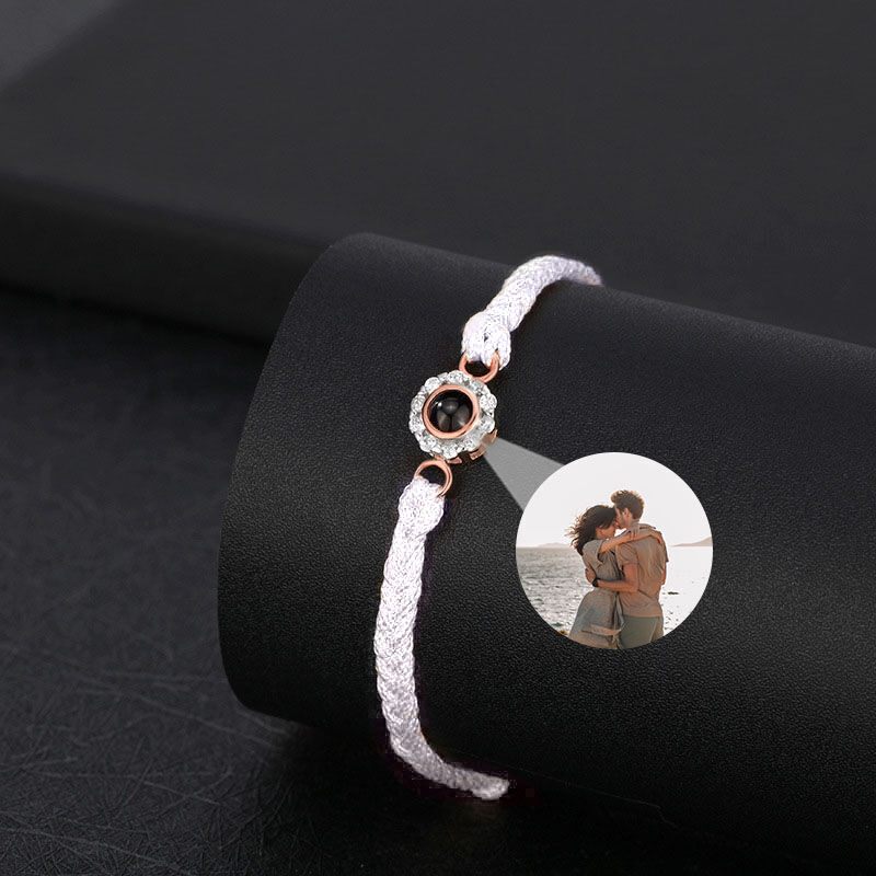 Personalized Circular Photo Projection White Braided Bracelet with Diamonds for Couple