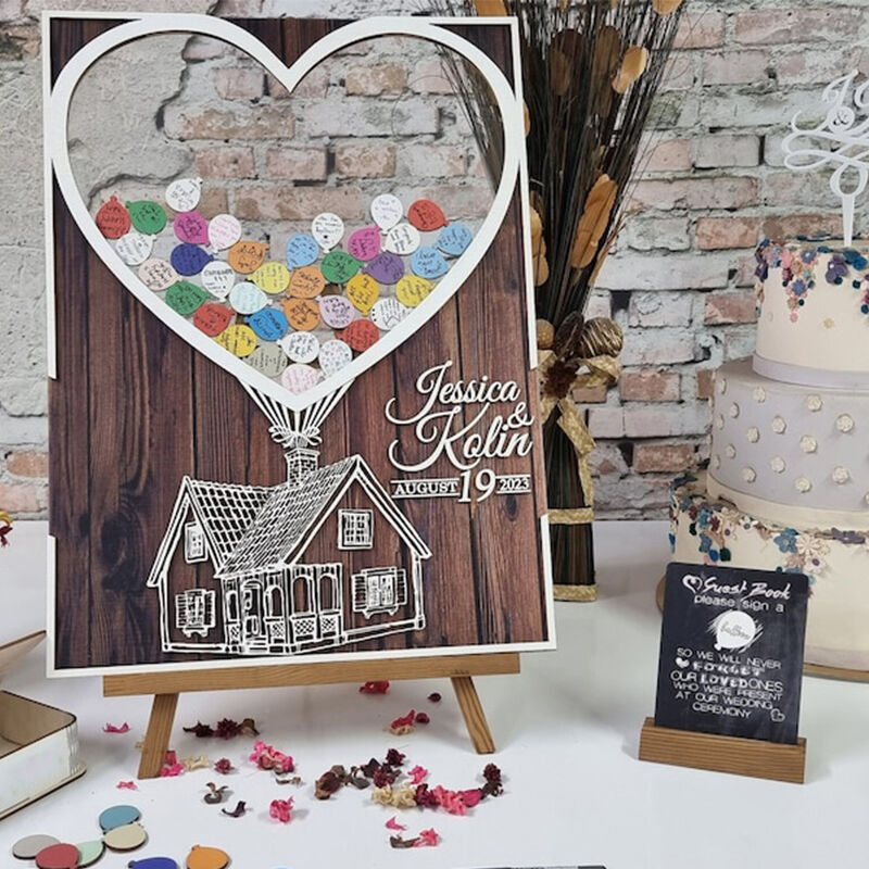 Libro de visitas de boda personalizado con inserciones de casa cálida y globos para recuerdos de boda románticos