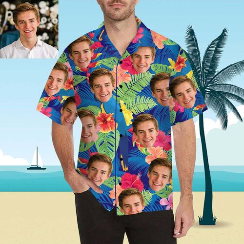 Magliette Personalizzate con Stampa Volto Stile Hawaiano e Fiori Multicolori per Uomo