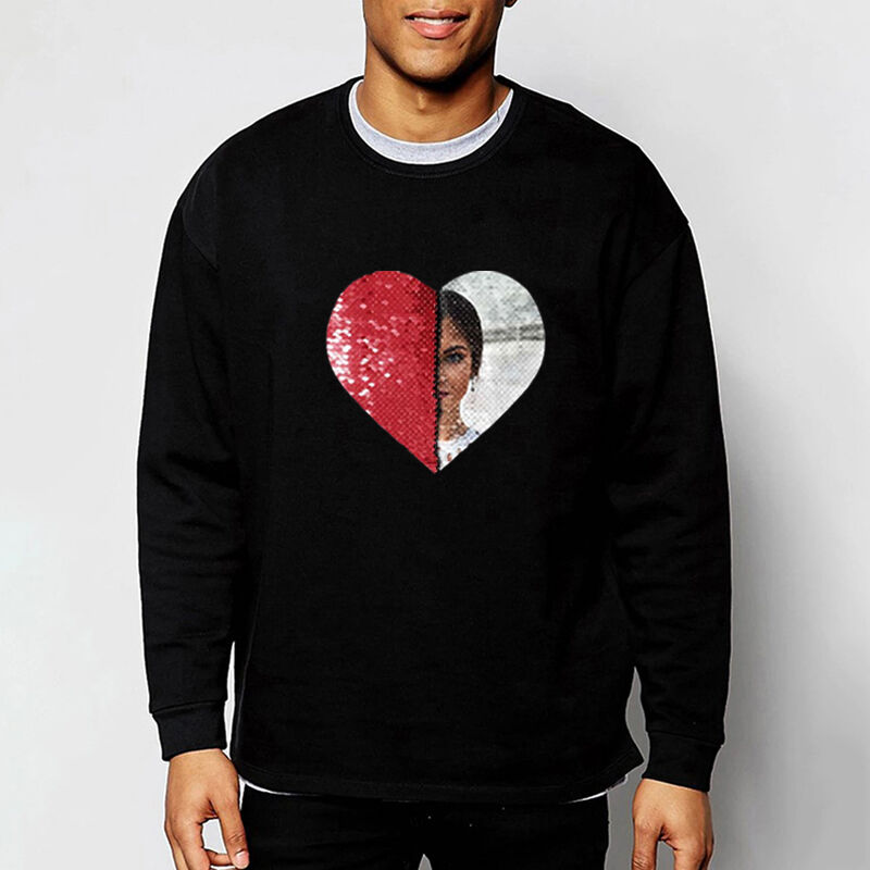 Personalized Sweatshirt Heart Shaped Sequin with Custom Photo Design Creative Gift for Couples