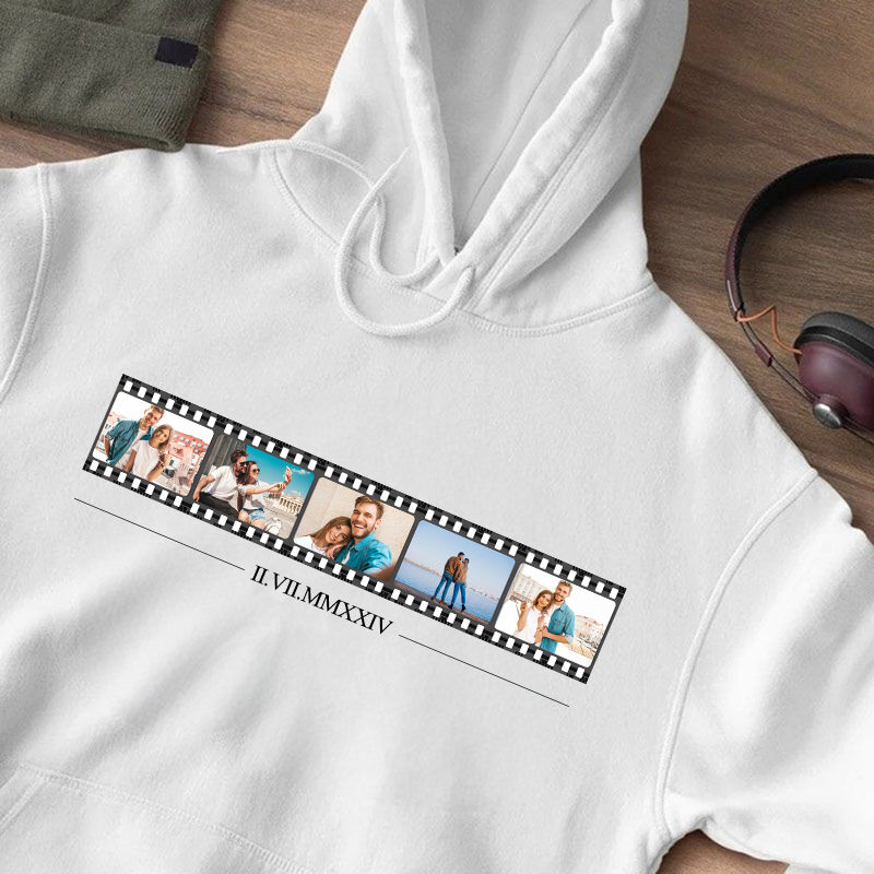 Personalized Hoodie Film Photos Design with Custom Roman Numeral Date for Lover's Anniversary