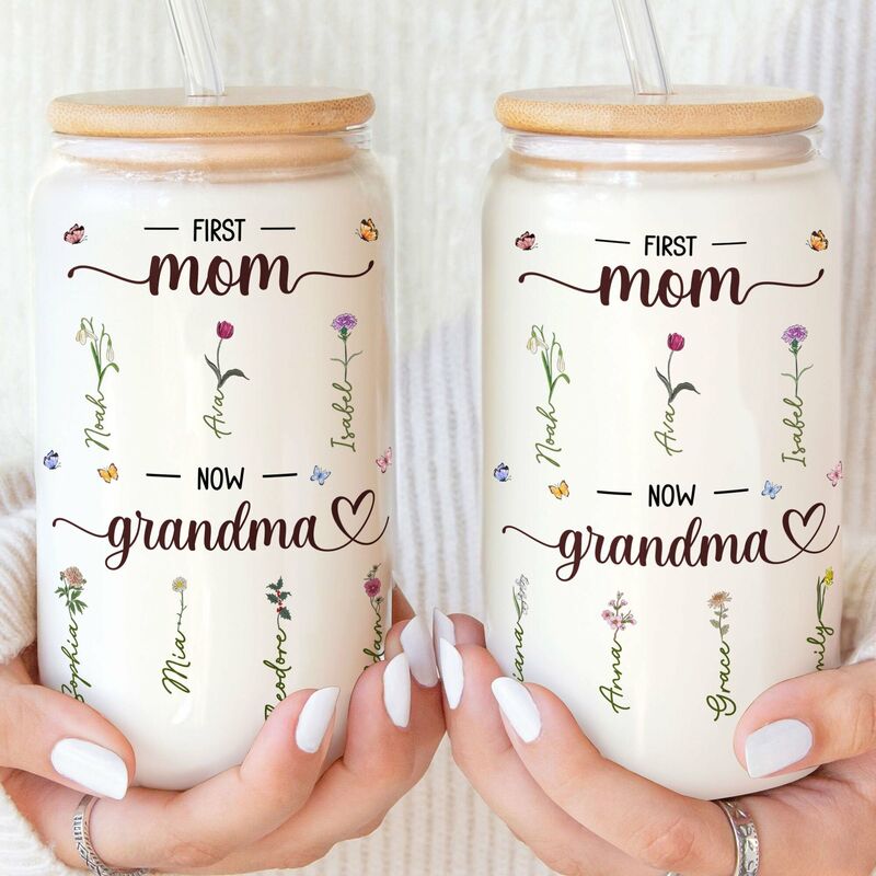 Gepersonaliseerde naam glazen mok met deksel en rietje en aangepaste geboorte bloem beste cadeau voor Moederdag