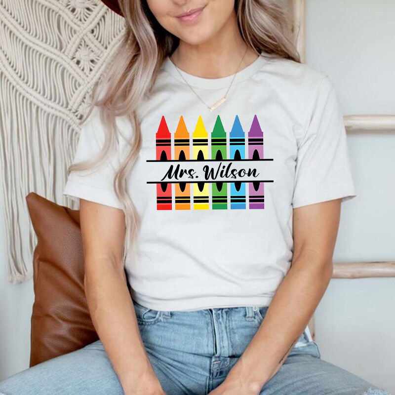 Personalized T-shirt Crayon Pattern Custom Name Colorful Design Perfect Gift for Teachers