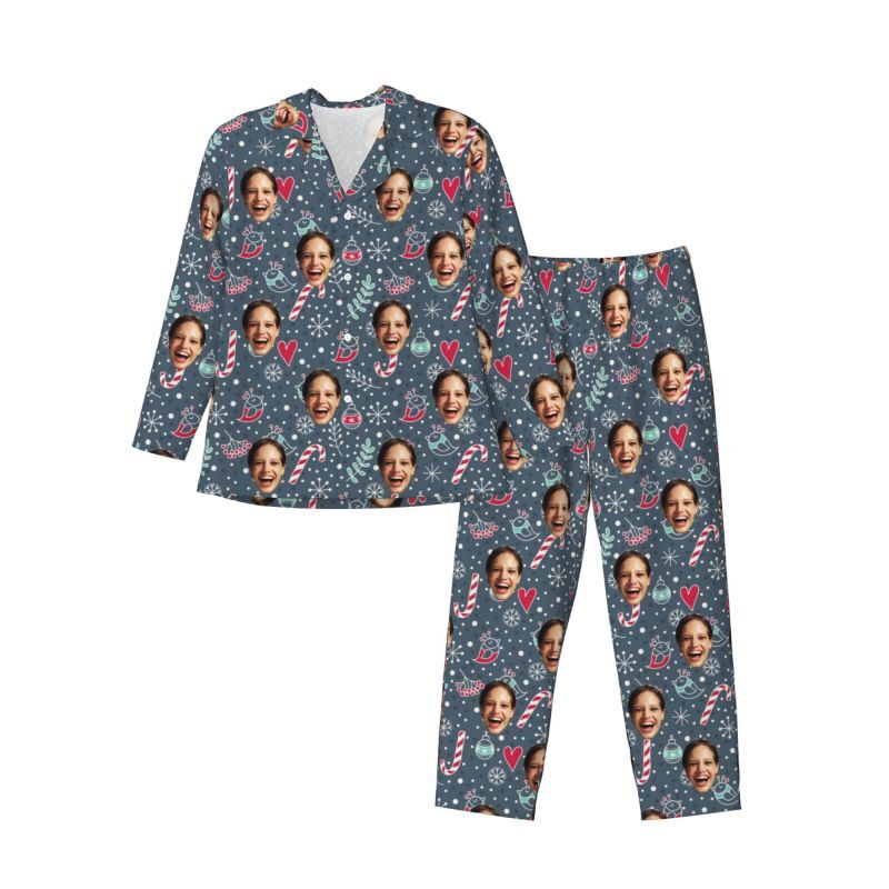 Personalized Pajamas Custom Photo Christmas Candy Bird Pattern Design Creative Gift for Family