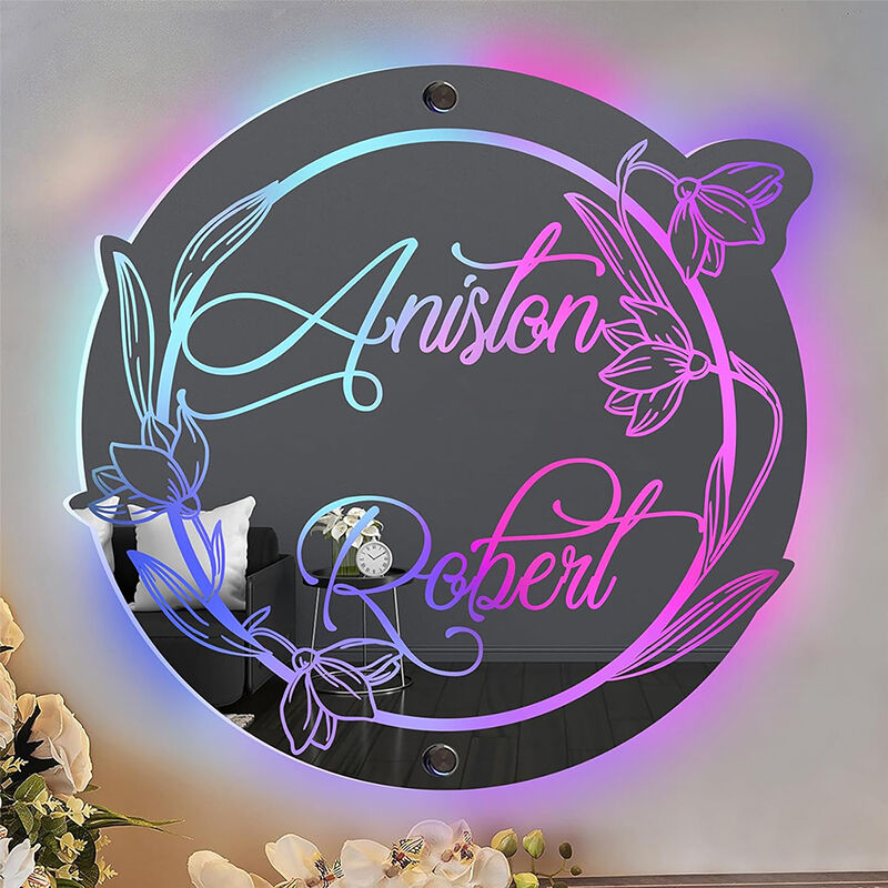 Personalized Round Mirror Lamp Customized Name With Flowers Cool Gift