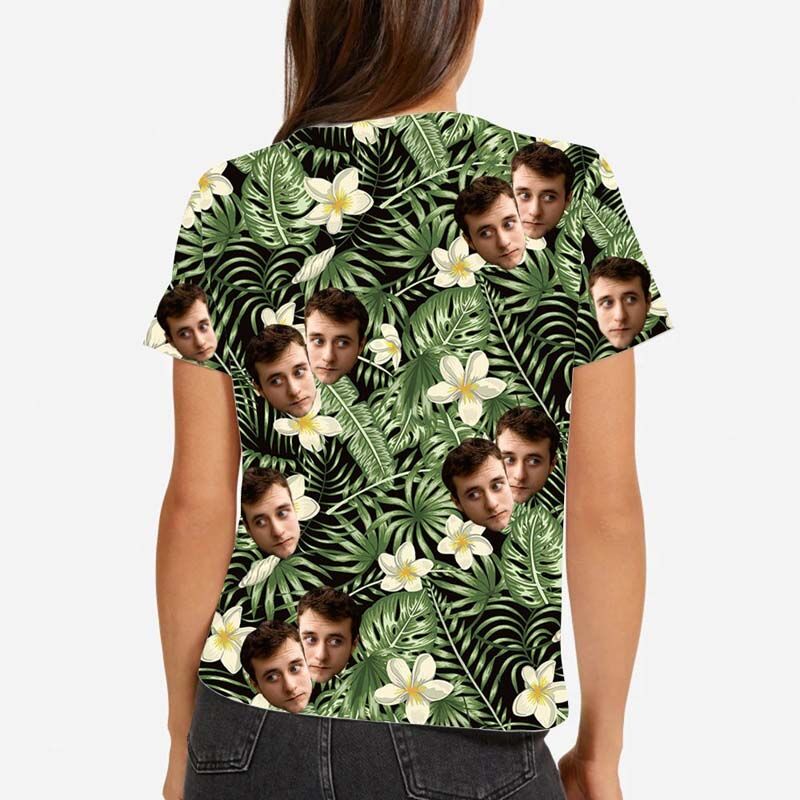 T-shirt hawaïen pour femmes avec feuilles vertes - Visage personnalisé