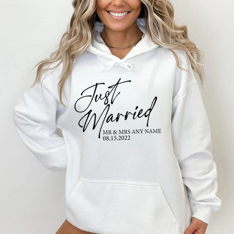 Personalized Hoodie Custom Name and Date Just Married Sign Unique Gift for Wedding Couple