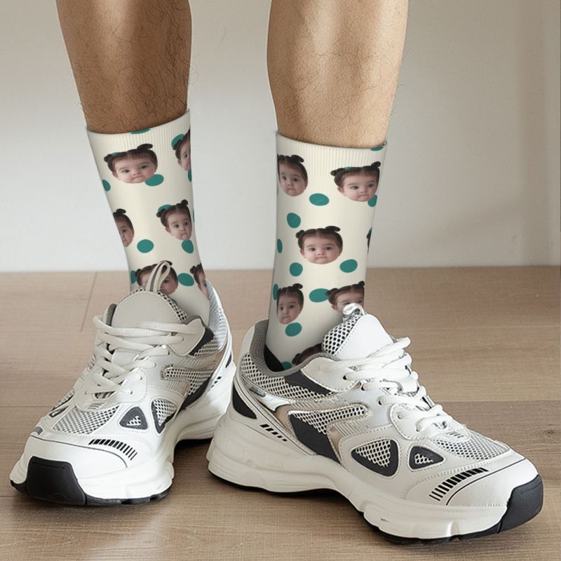 Customized Photo Socks Breathable Material with Green Polka Dots for Friends