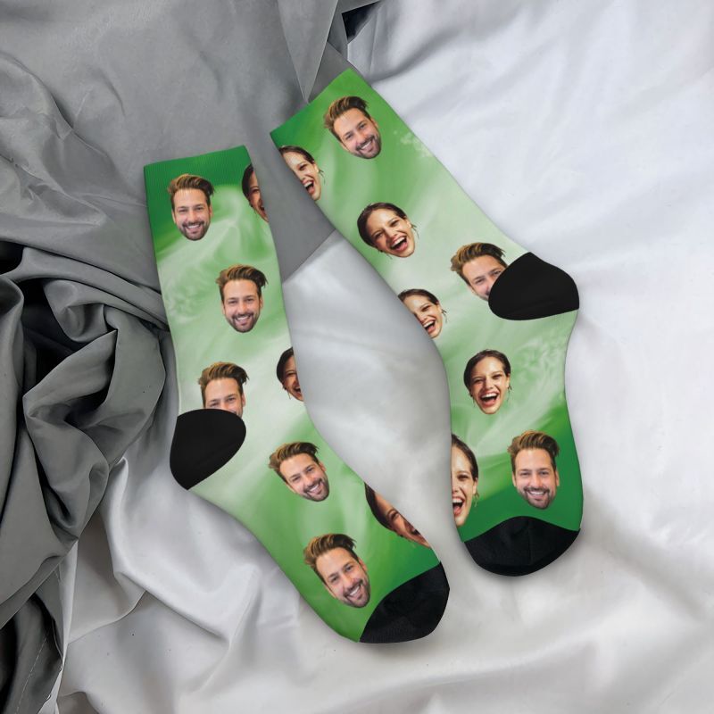 Customized Green Tie Dye Socks with Photo Printed Soft Socks for Couples