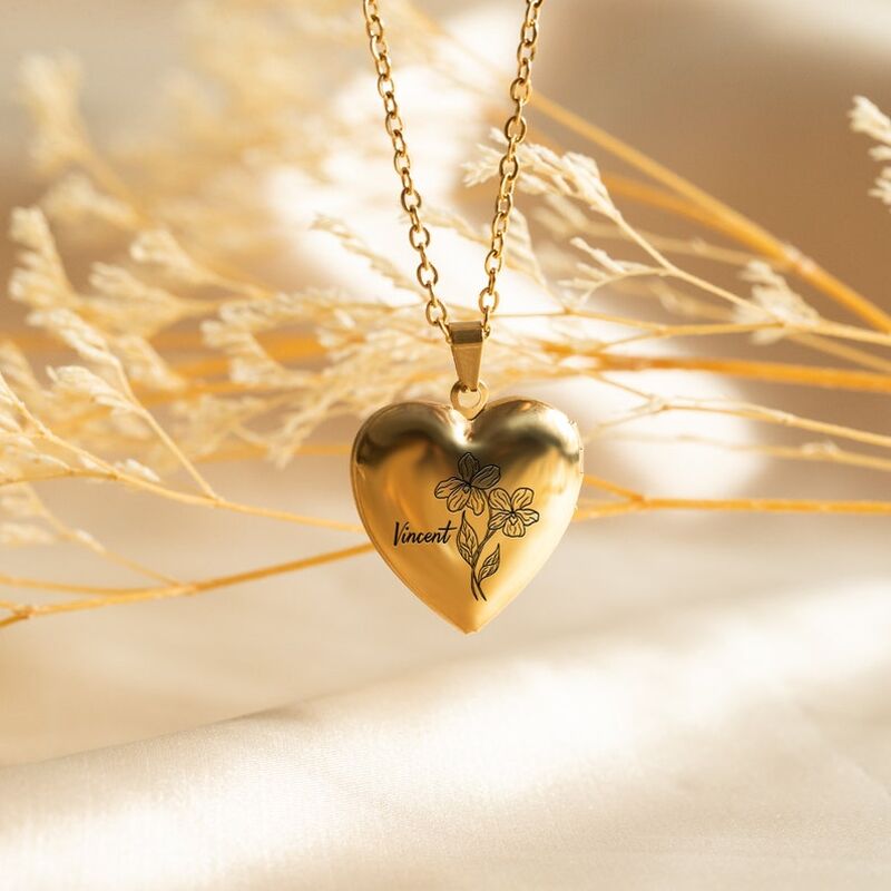 Collier photo personnalisé en forme de cœur avec fleur d'anniversaire Cadeau d'anniversaire exquis