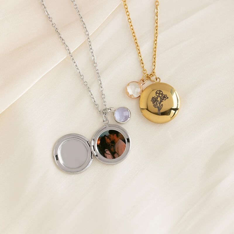 Personalized Round Photo Necklace With Birth Flower And Birthstone Birthday Gift