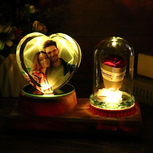 Personalized Photo Heart Diamond Crystal Lamp Bluetooth Speaker With Rose - Full Color
