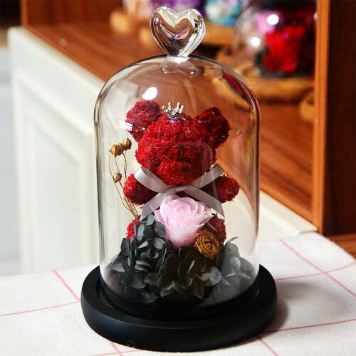 Cadeau de St-Valentin - Ourson Rose Immortelle - Couvre-verre Fleur de Rose