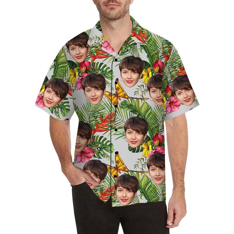 Chemise hawaïenne à impression intégrale pour hommes avec visage personnalisé de papillons et de fleurs