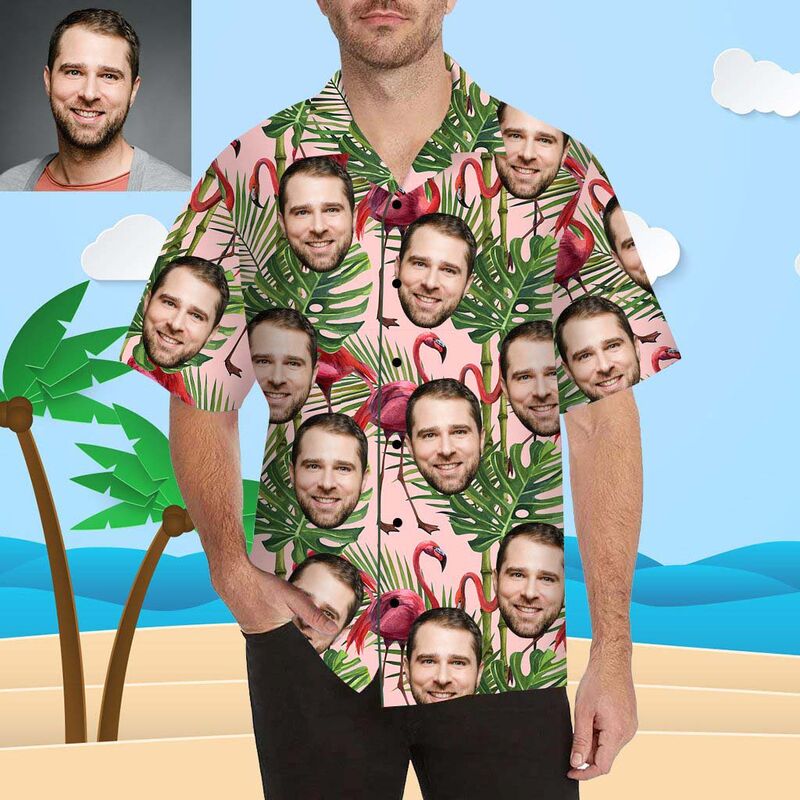 Custom Face Red Flamingo and Tree Men's All Over Print Hawaiian Shirt