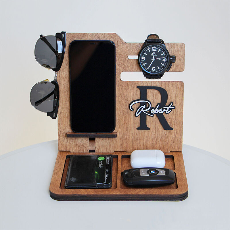 Persoonlijke bureau-organisator Docking-station Telefoon-lader-houten stand Aangepast naam-design cadeau voor hem