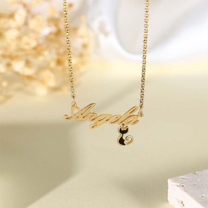 Custom  Name Necklace with Black Cat Pendant
