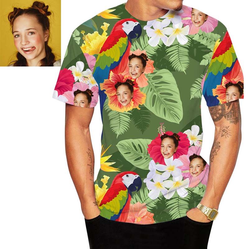 Custom Face Hawaiian T-Shirt With Red Flower