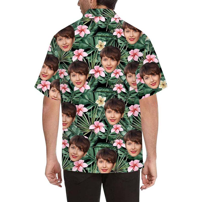Chemise hawaïenne à impression intégrale pour hommes avec visage personnalisé et fleurs roses