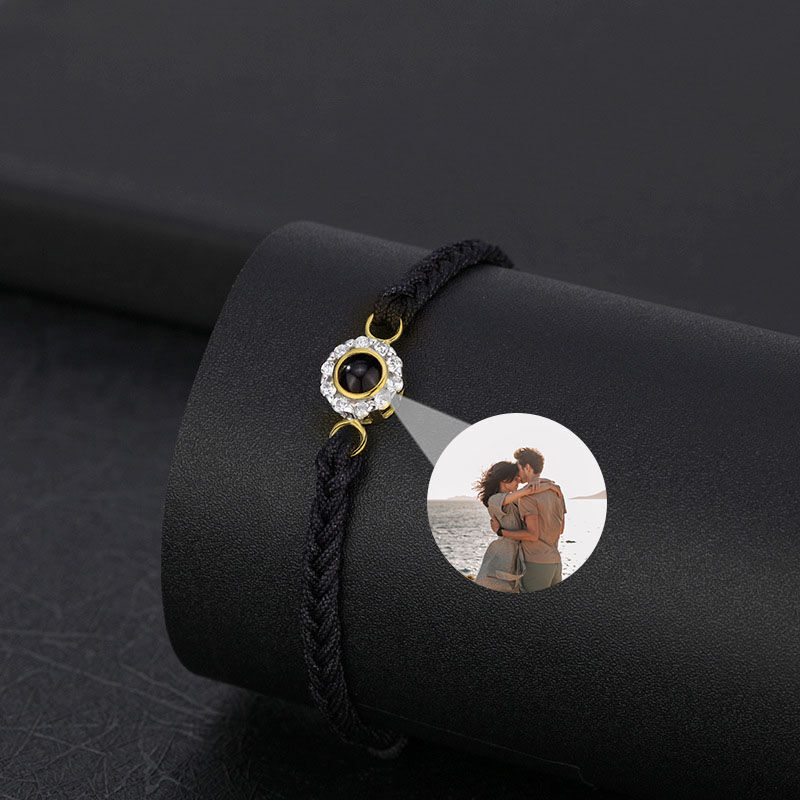 Personalized Round Petal Projection Photo Bracelet Black Cord for Lover