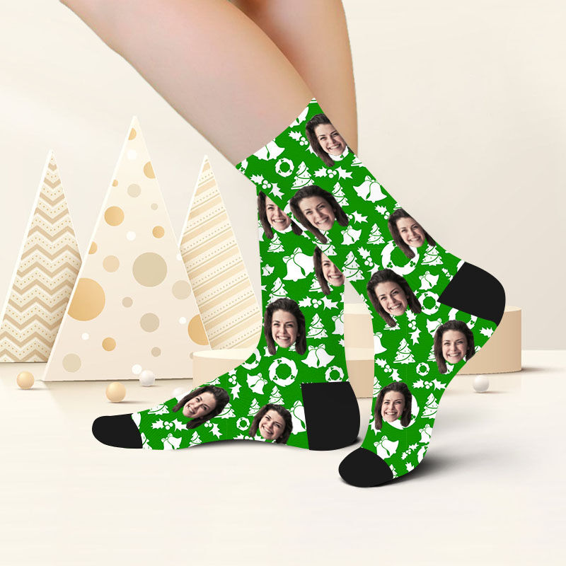 Custom Face Picture Socks Printed with Christmas Bell and Tree for Mom