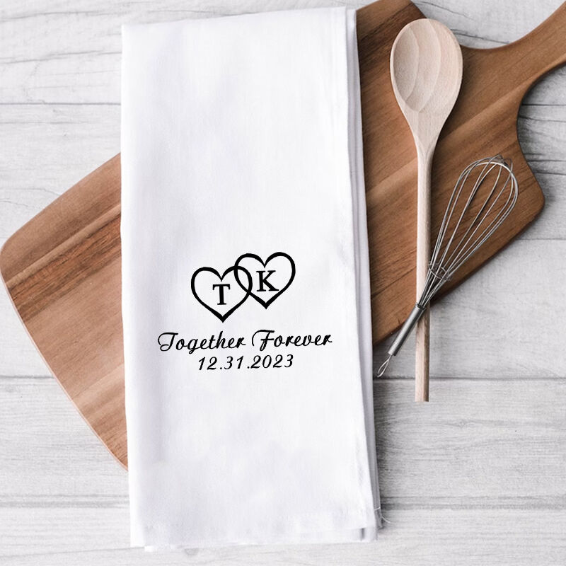 Personalized Towel with Custom Letter and Date Two Hearts Together Forever Gift for Couple