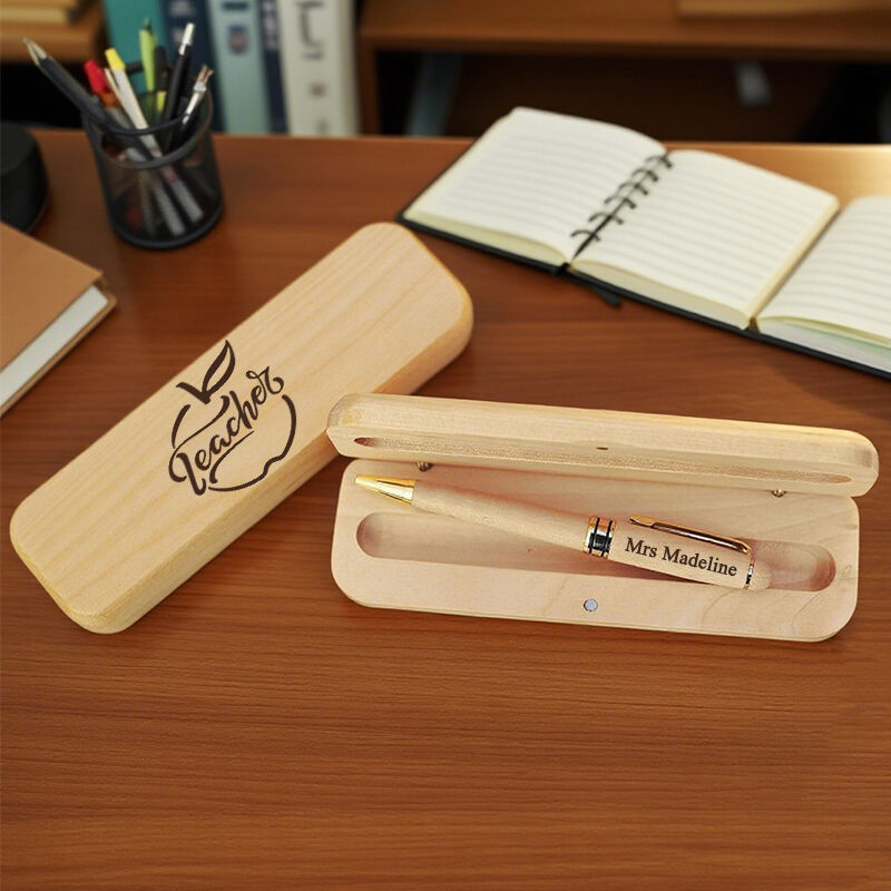 Personalized Pen Wooden Box Simple Style Apple Pattern Design Attractive Gift for Teachers