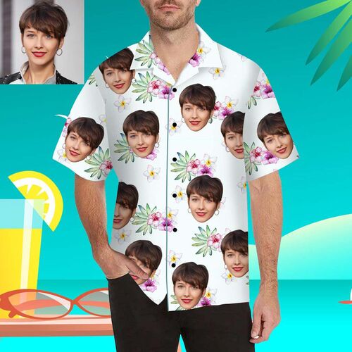 Personalisiertes Gesicht Narzissen und Hibiskus Herren Alloverdruck Hawaiihemd