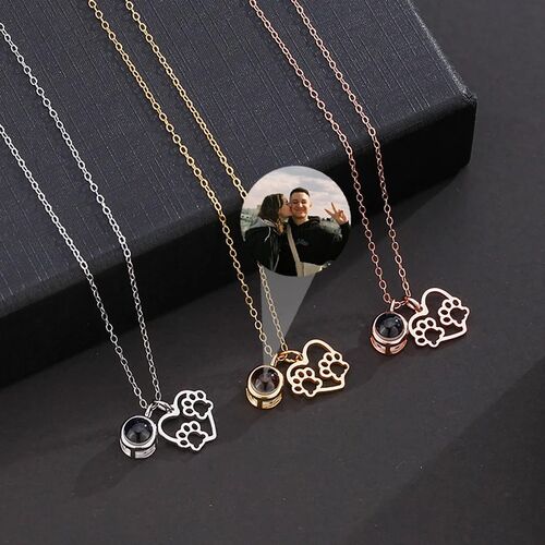Personalized Heart Photo Projection Necklace With Cute Paw Prints for Pet Lover