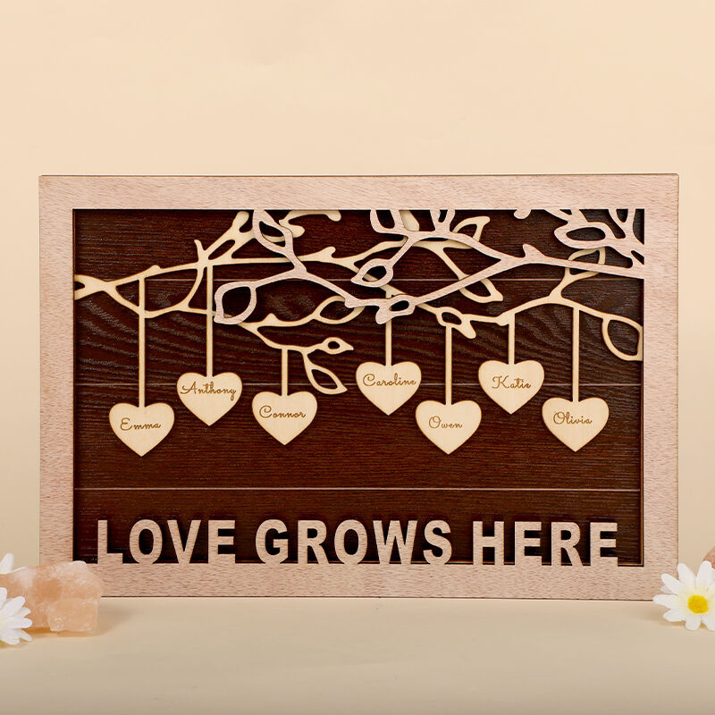 "Love Grows Here" Personalised Heart Engraved Name Frame