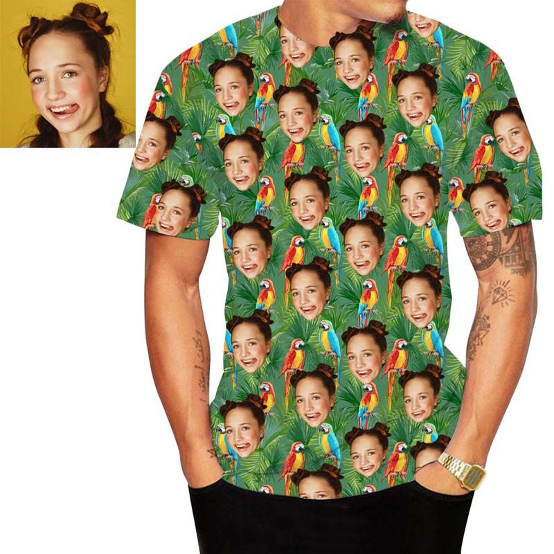 T-shirt hawaïen personnalisé avec oiseau et feuilles vertes