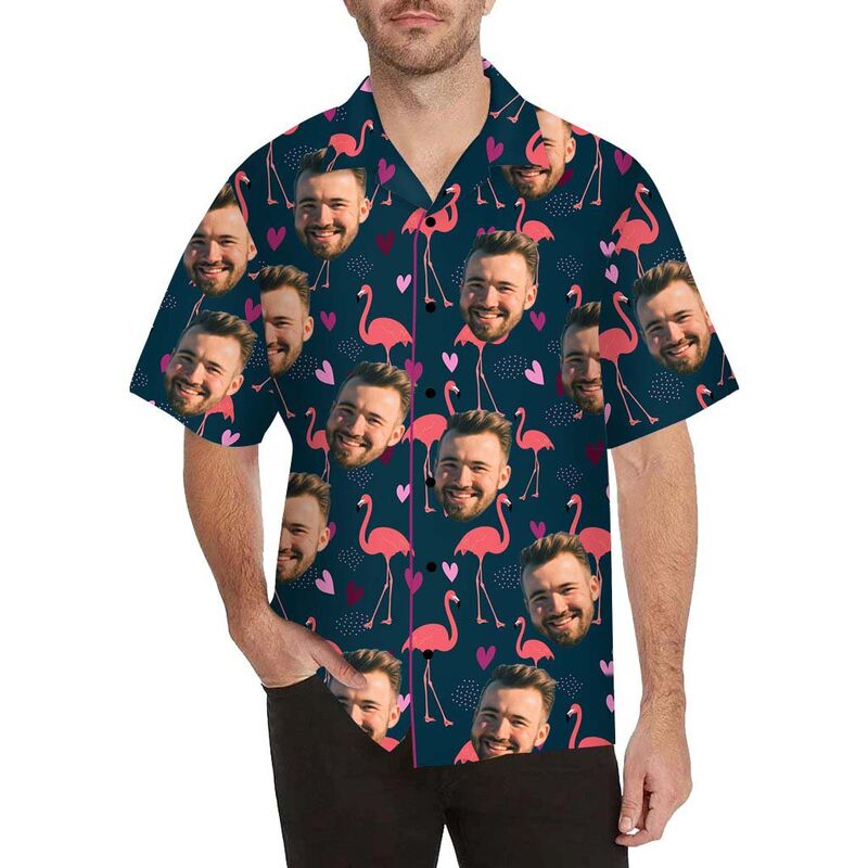 Chemise hawaïenne pour hommes à impression intégrale, avec visage personnalisé, flamant et cœur