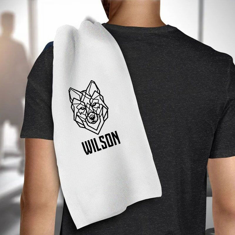 Personalized Towel with Custom Name Machine Line Style Wolf Dog Design Gift for Boyfriend
