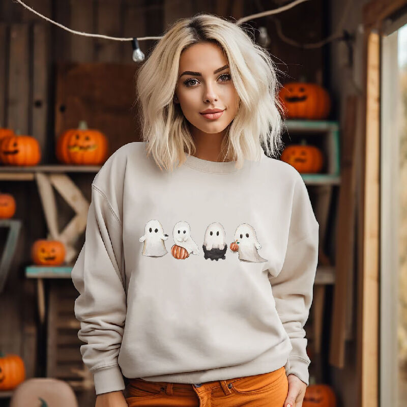 Ghosts Pattern Playing With Pumpkins Beautiful Sweatshirt Funny Present for Halloween