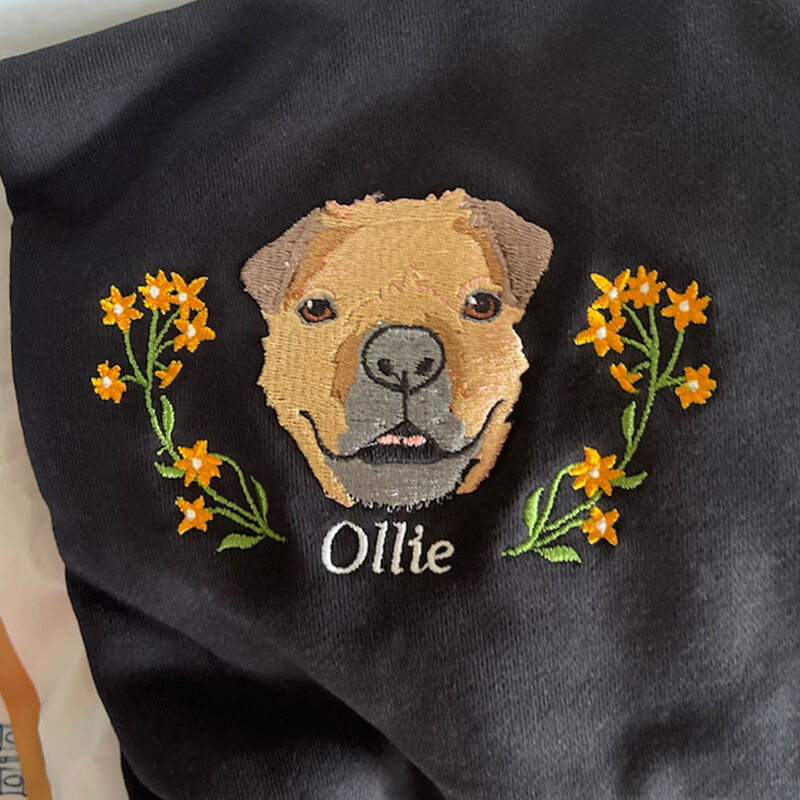 Personalized Hoodie Custom Embroidered Color Photo of Puppy's Head with Flower Decor Gift for Pet Lover