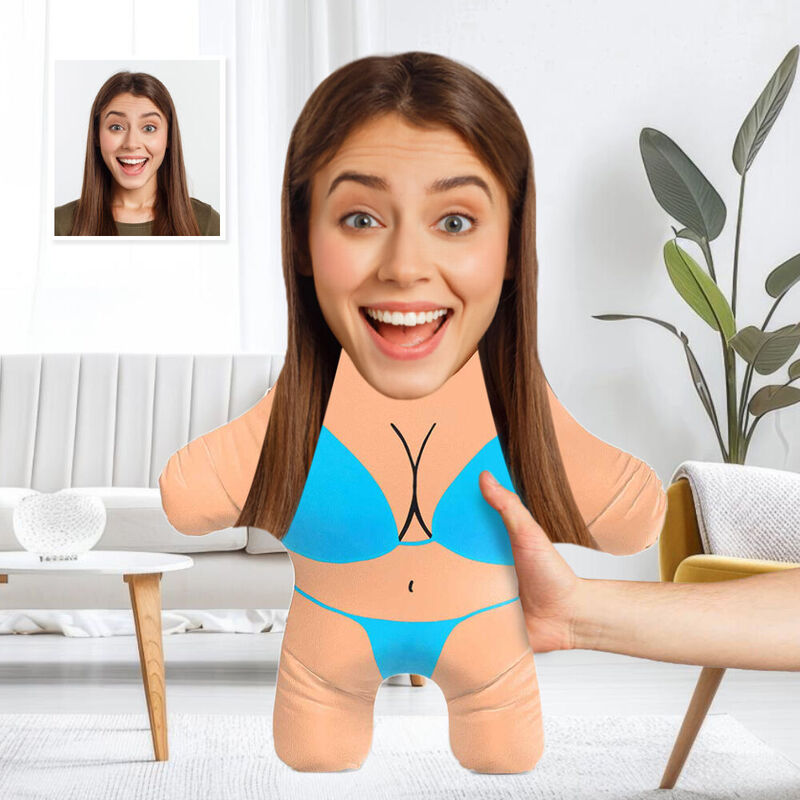 Anpassad fotokudde Blå Bikini Face Pillow Rolig kudde för henne