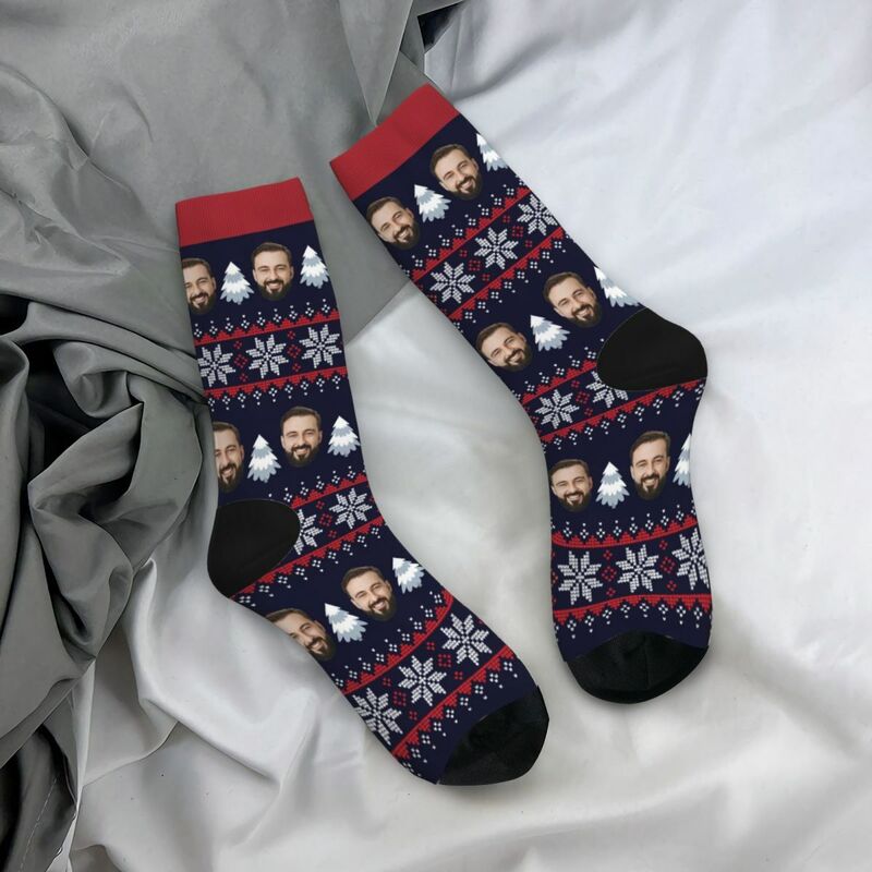 Personalized Face Socks with White Tree and Snowflake Pattern Men's Socks for Christmas