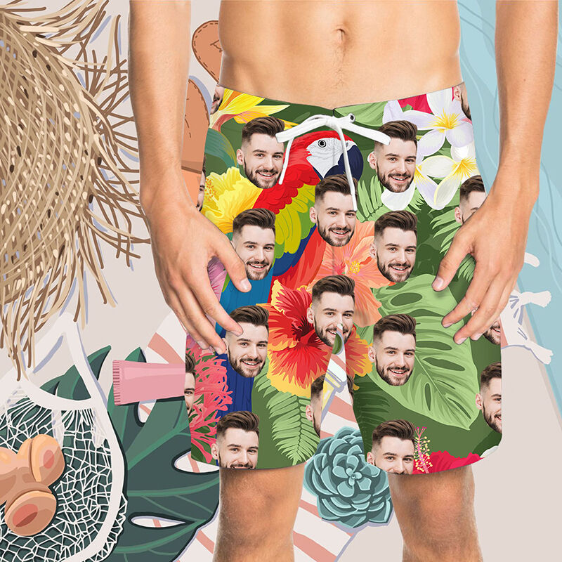 Custom Face Wonderful Flowers and Bird Men's Beach Shorts