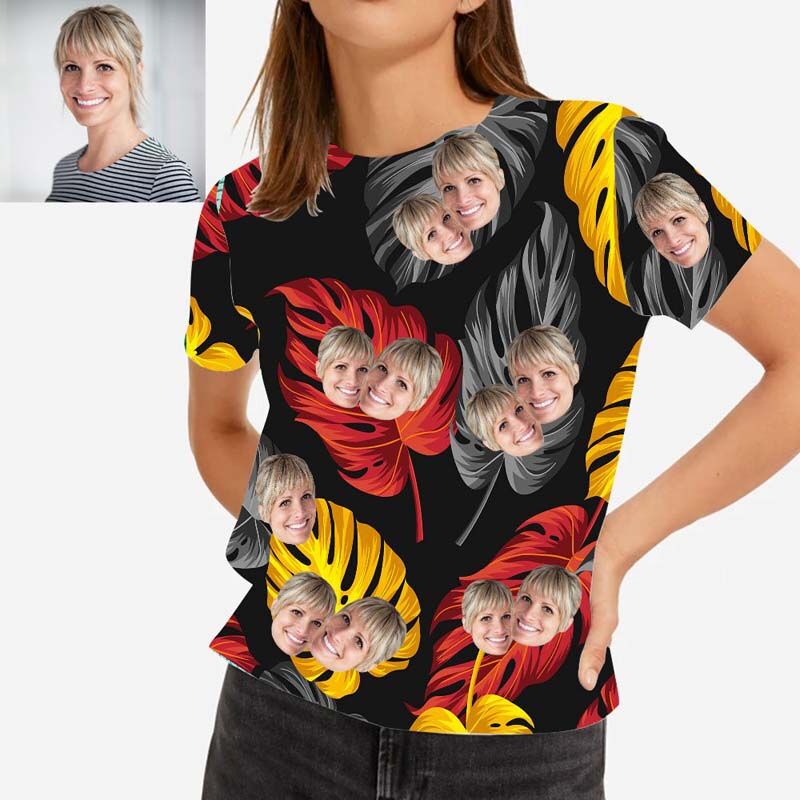 Custom Face Hawaiian T-Shirt With Colorful Big Leaves